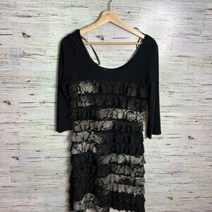 Frank Lyman Design Black and Gray Sheath Midi Dress ruffle tiered size 10